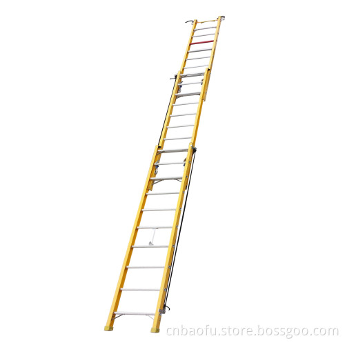 35kv Yellow 8m Fiberglass 3-Section Single Side Grooved Rail Extension Ladder